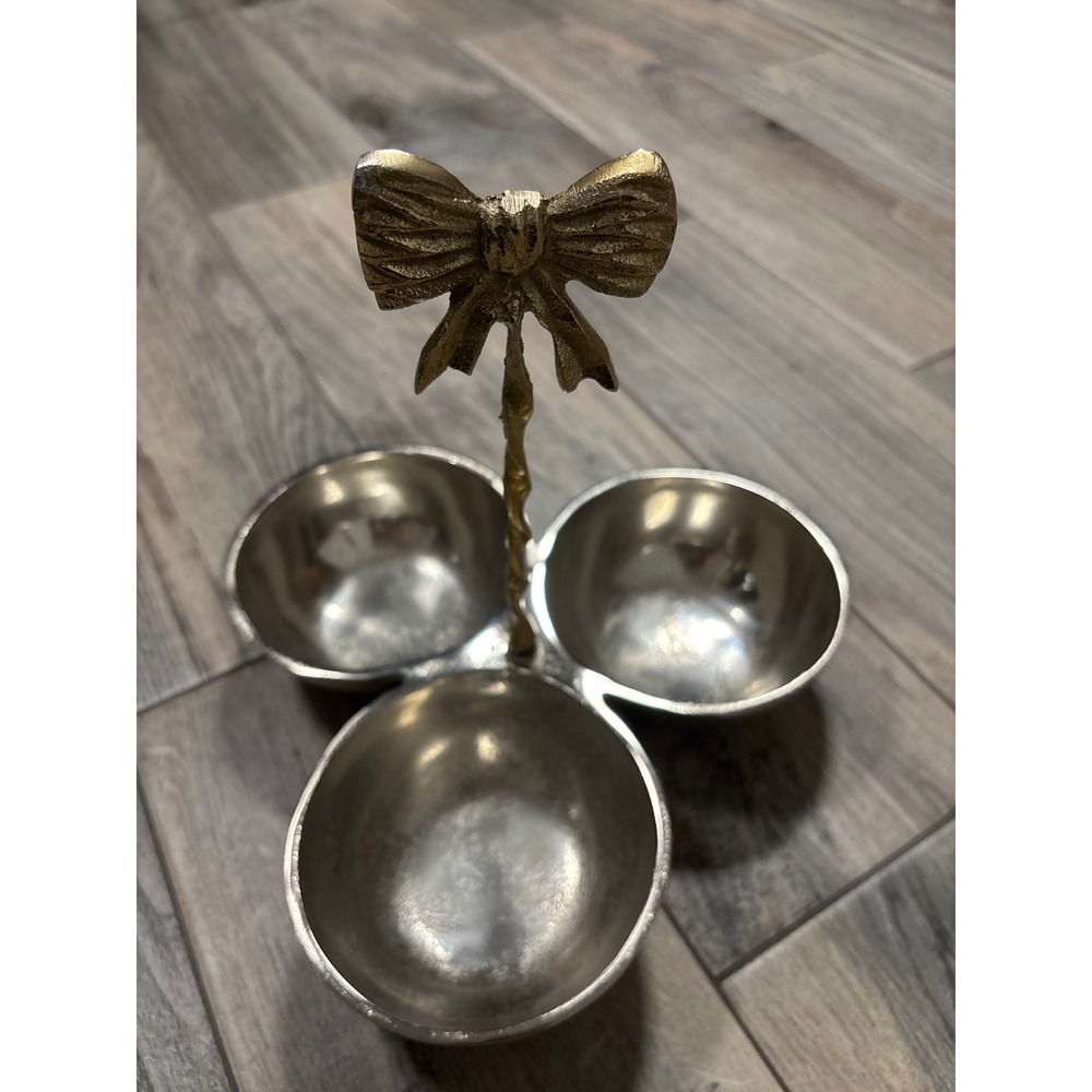 Triple Server Nut or Candy Bowl Silver Gold Bow Handle Regencycore Dish Metal